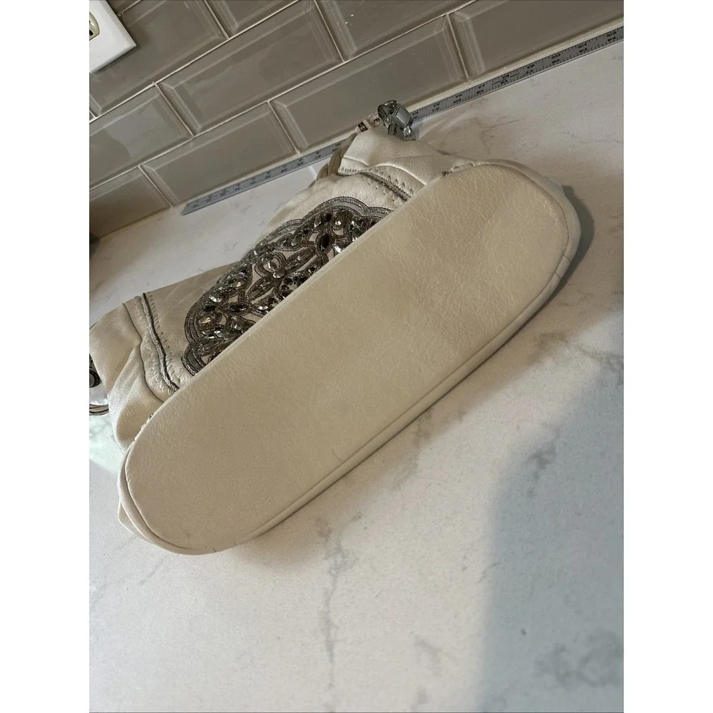Brighton Pewter Anju Embellished Purse Jewel Masterpiece White‎ Leather Bag Hobo